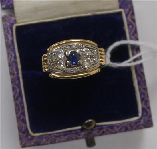 A 14ct gold, sapphire and diamond elliptical shaped cluster ring, size K.